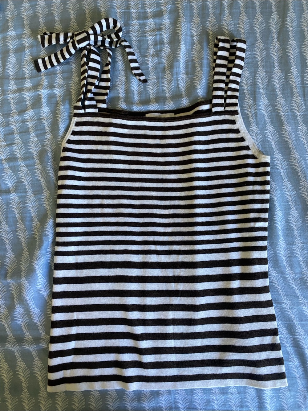 LOFT 100% Cotton Dark Brown and White Striped Knit Tank Top with Bow Shoulder